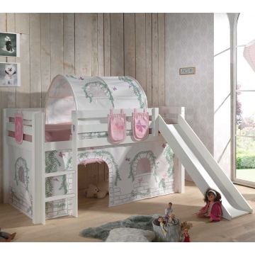 Halfhoogslaper met glijbaan Astrid met bedtent, -tunnel & opbergzakjes Birdy - wit