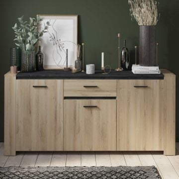 Dressoir Shane 3 draaideuren, 3 legplanken en 1 lade-Kronberg eik/Sidewalk zwart