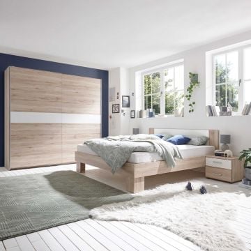 Slaapkamerset Lola met bed 160x200, 2 nachtkastjes en kleerkast - eik/wit