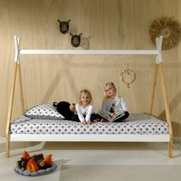 Tipibed 90 x 200cm hoog massief hout - wit/dennenhout
