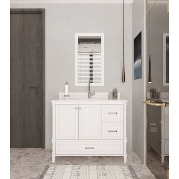 Jussara 2-delige badkamermeubelset | Wit gelakt MDF | Aanrechtblad van kwarts | Lade van marien hout