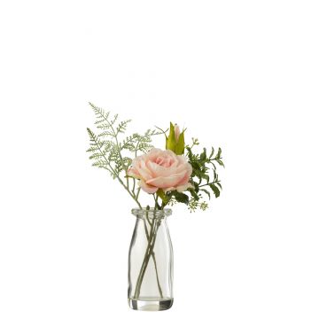 Boeket rozen in vaas+kunstwater plastiek groen/licht roze small