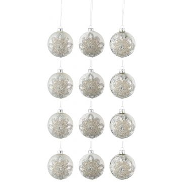 Doos van 12 kerstballen 4+4+4 ornament parels glas mat wit/mat zilver/blinkend zilver small