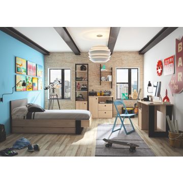 Kinderkamer Dean: bed 90x200cm met lade, boekenrek, commode, bureau, wandrek - kastanje/zwart