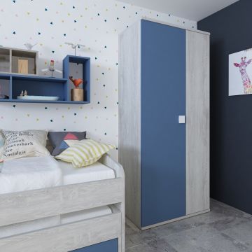 Kledingkast Bo0 met 2 legplanken, kledingroede en vierkante deurgreep - grenen/blauw