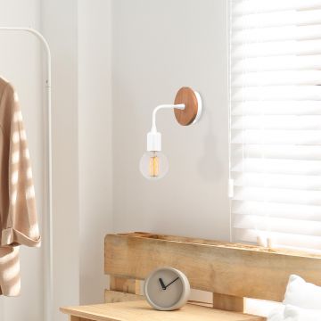 Strakke en moderne witte wandlamp | 10x10 cm, 13 cm hoog | Metalen behuizing, houten basis