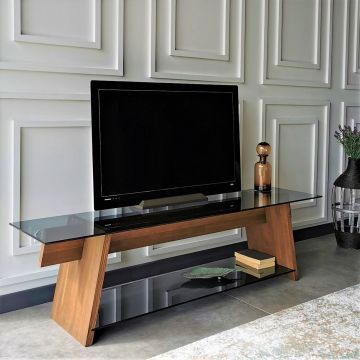 Locelso TV-meubel | 100% Gehard Glas | Massief Grenen Frame | Noten Zwart