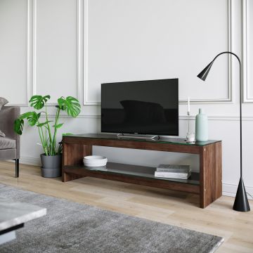 Locelso TV-meubel | Massief grenen hout | Gehard glazen frame | 140cm breedte | Noten kleur