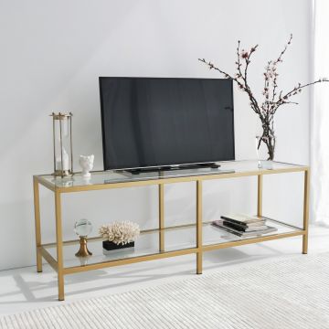 Locelso TV-meubel | 100% Gehard Glas | 4mm Dikte | 100% Metalen Frame | Talrijke Planken | Goud