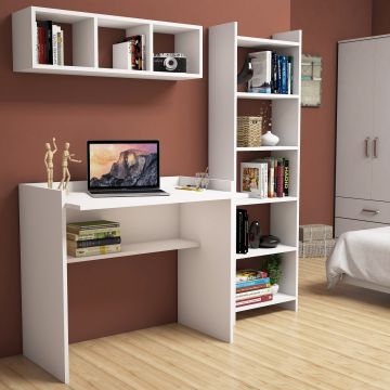 Moderne witte studeertafel en boekenplank combo | Woody Fashion