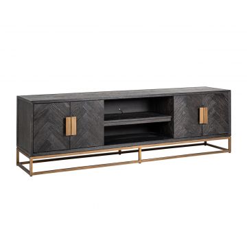 Tv-meubel Bony 200cm 4 deuren visgraatmotief - zwart/geborsteld goud