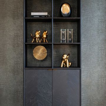 Boekenkast Bony 100cm 2 deuren visgraatmotief - zwart/geborsteld goud 