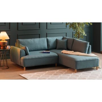 Comfort en stijl: Turquoise hoekbank - Beukenhouten frame, polyester stof