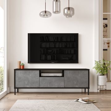 Modern TV-meubel | Melamine coating | Metalen poten | Meerdere planken | Aan de muur te bevestigen | Zilver Zwart