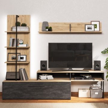 Tv-meubel Hoggas 205cm 1 deur, wandrek & wandplank - eik/zwart