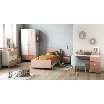 Kinderkamer Janne: bed 90x200cm, nachtkastje, commode, kleerkast, bureau - roze/wit