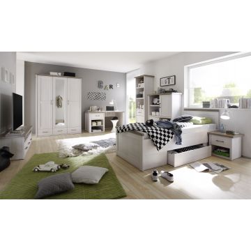 Kinderkamer Larnaca: bed 90x200, nachtkastje, tv-meubel, kleerkast, 2xboekenkast, bureau - white wash