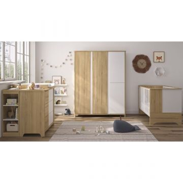 Peuterkamerset Binno | Baby- en peuterbed, kledingkast, commode met verzorgingstafel en opbergkastje | Oak White-design