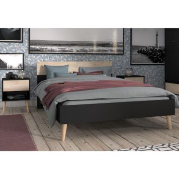 Slaapkamerset Hardy | Tweepersoonsbed, nachtkastje | Oak Black-design