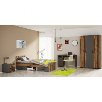 Tienerkamerset Ramos | Eenpersoonsbed met laden, nachtkastje, kledingkast, bureau | Kastamonu-design