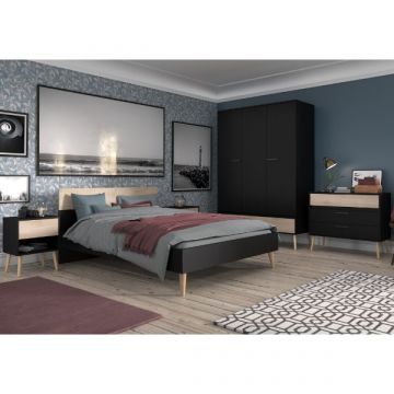 Slaapkamerset Hardy | Tweepersoonsbed, kledingkast, commode, nachtkastje | Oak Black-design