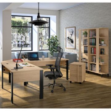 Bureauset Faro | Bureautafels, verlengstuk, boekenkasten, ladekast | Blonde Oak-design