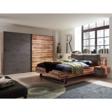Slaapkamerset Kalas | Tweepersoonsbed met nachtkastje en kledingkast | Bruin-grijs design