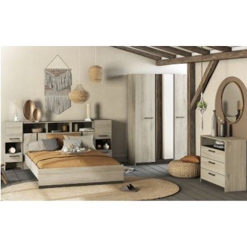 Slaapkamerset Waylon | Tweepersoonsbed, hoofdbord met opbergruimte, kledingkast en commode | Waterford Oak-design