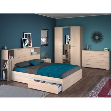 Slaapkamerset Ekko | Twijfelaar, hoofdbord met opbergruimte, nachtkastje, kledingkast, commode | Oak design