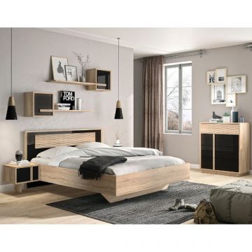 Slaapkamerset Alto | Tweepersoonsbed, nachtkastje, wandrek, commode | Sonoma Oak/black-design