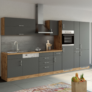Keukenblok Sorrella 360cm met ruimte voor vaatwas, oven, koelkast en diepvries - antraciet/eik