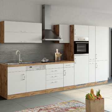 Keukenblok Sorrella 360cm met ruimte voor vaatwas, oven, koelkast en diepvries - wit/eik