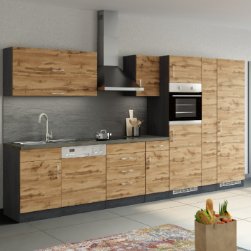 Keukenblok Sorrella 360cm met ruimte voor vaatwas, oven, koelkast en diepvries - eik/grafiet