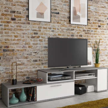 Tv-meubel Winn 170-250 cm met 2 kastjes en 4 vakken - beton/wit