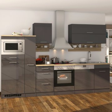 Kitchenette Ragnar 310cm met ruimte voor magnetron, koelkast, oven en vaatwas - hoogglans antraciet
