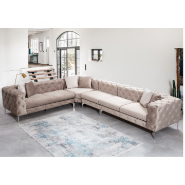 Comfortabele en stijlvolle hoekbank | Beige, beukenhouten frame | 310cm breedte | 100% polyester stof