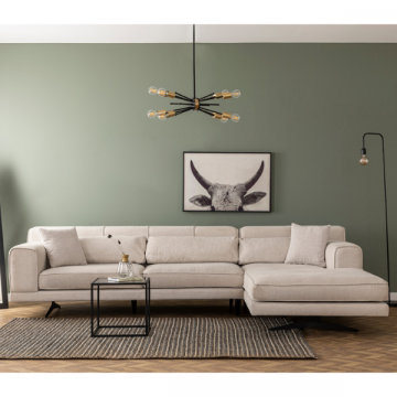 Comfortabele en stijlvolle hoekbank | Beige | Houten frame | 5 kussens | 308x198 cm