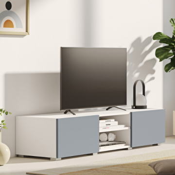 Tv-meubel Polka 140 cm 2 draaideuren, 2 open vakken-wit/celadon grijs