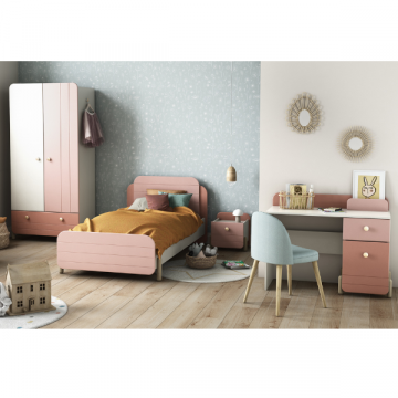 Kinderkamer Janne: bed 90x200cm, nachtkastje, kleerkast, bureau - roze/wit