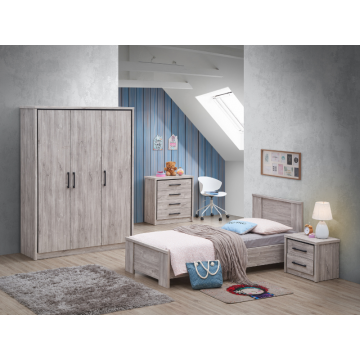 Eenpersoonskamer Sela: bed 90x200cm, nachtkastje, kleerkast, commode - grijze eik