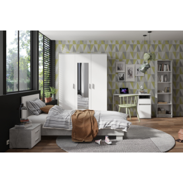Tienerkamer Soma: bed 90x200, nachtkastje, kledingkast, bureau, boekenkast - wit/betonlook