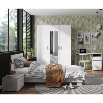 Tienerkamer Soma: bed 90x200, nachtkastje, kledingkast, bureau - wit/betonlook