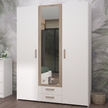 Kledingkast Sueno 150cm met drie deuren, twee lades en spiegel - wit/eikdecor