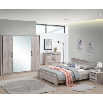 Slaapkamer Sela: bed 180x200cm, nachtkastje, kleerkast, commode - grijze eik