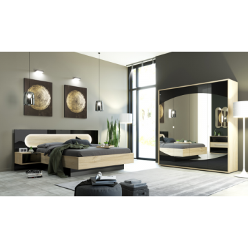 Slaapkamer Avalon: bed 160x200, nachtkastje, kleerkast - eik/hoogglans zwart