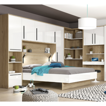 Slaapkamer Moloko: bed 140x190, hoofdbord, hoekkast, boekenkast - hoogglans wit/eik