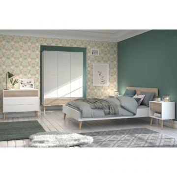 Slaapkamerset Hardy | Tweepersoonsbed, kledingkast, commode, nachtkastje | Oak White-design