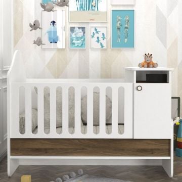 Tera Home Babybed | 100% Melaminecoating met Spaanplaathout van 18 mm dik | 133 x 92 x 105 cm | Kleur: Wit-walnoot