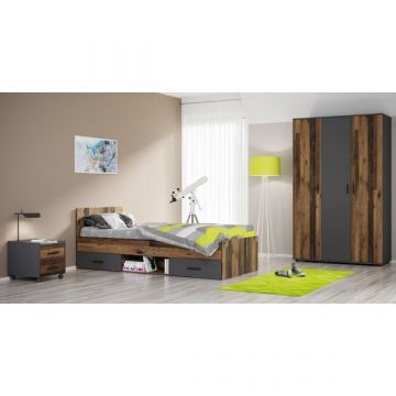 Tienerkamerset Ramos | Eenpersoonsbed met laden, nachtkastje, kledingkast (3 deuren) | Kastamonu-design