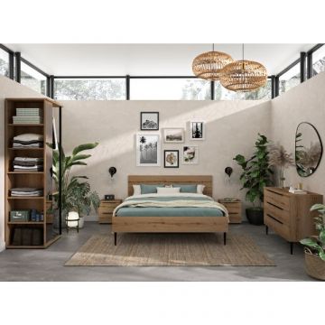 Slaapkamerset Lucian | Tweepersoonsbed, nachtkastjes, commode, kledingrek | Helvezia Oak-design
